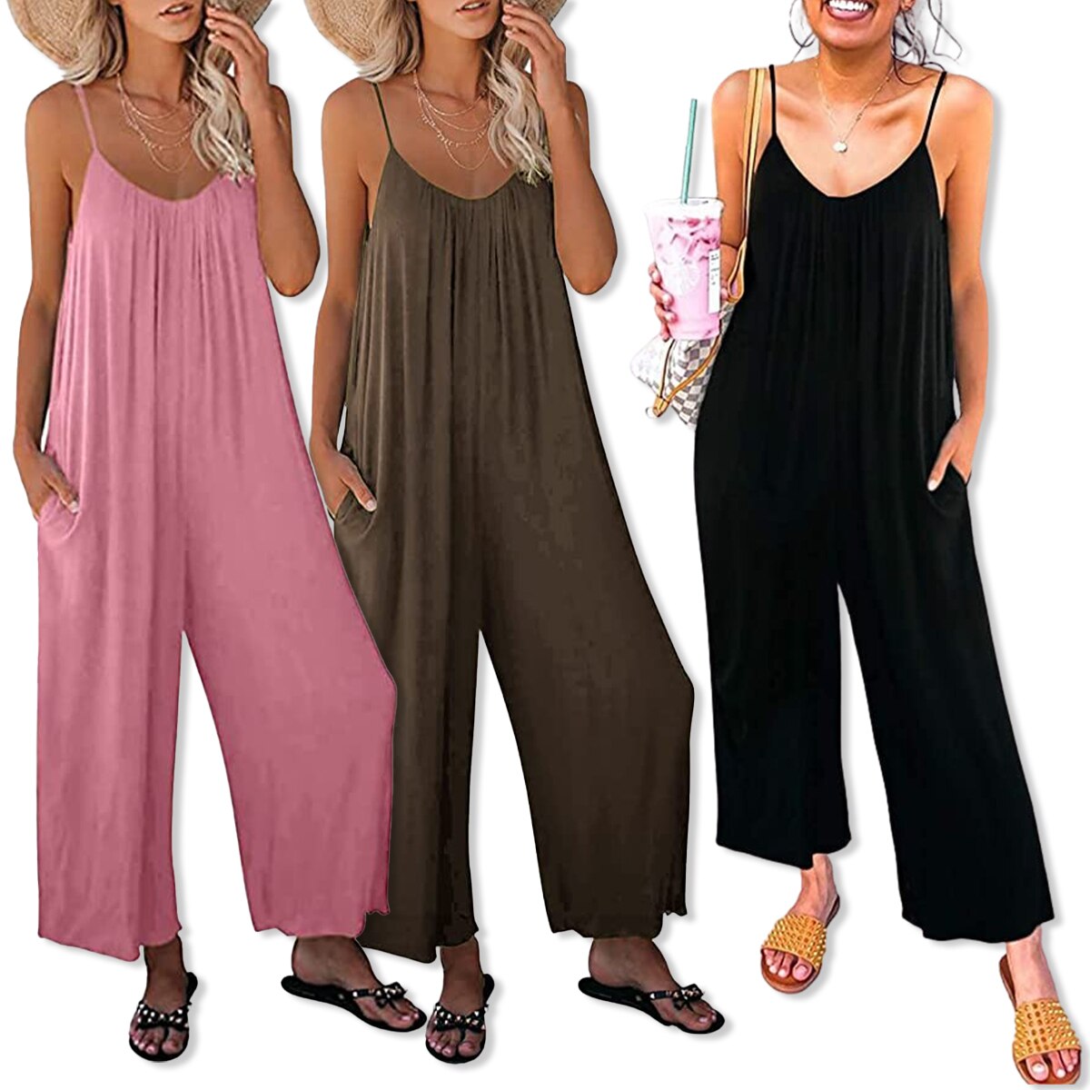 Amazon.com: INIBUD Jumpsuit for Women Dressy Halter One Piece Casual Wide  Leg Romper Deep V Neck Elegant with Pockets(Black,L) : Clothing, Shoes &  Jewelry